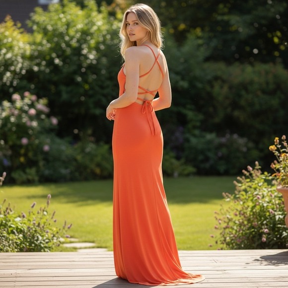 Dresses & Skirts - Sexy vacation dress orange-red halter neck maxi dress Summer XS bodycon EDM